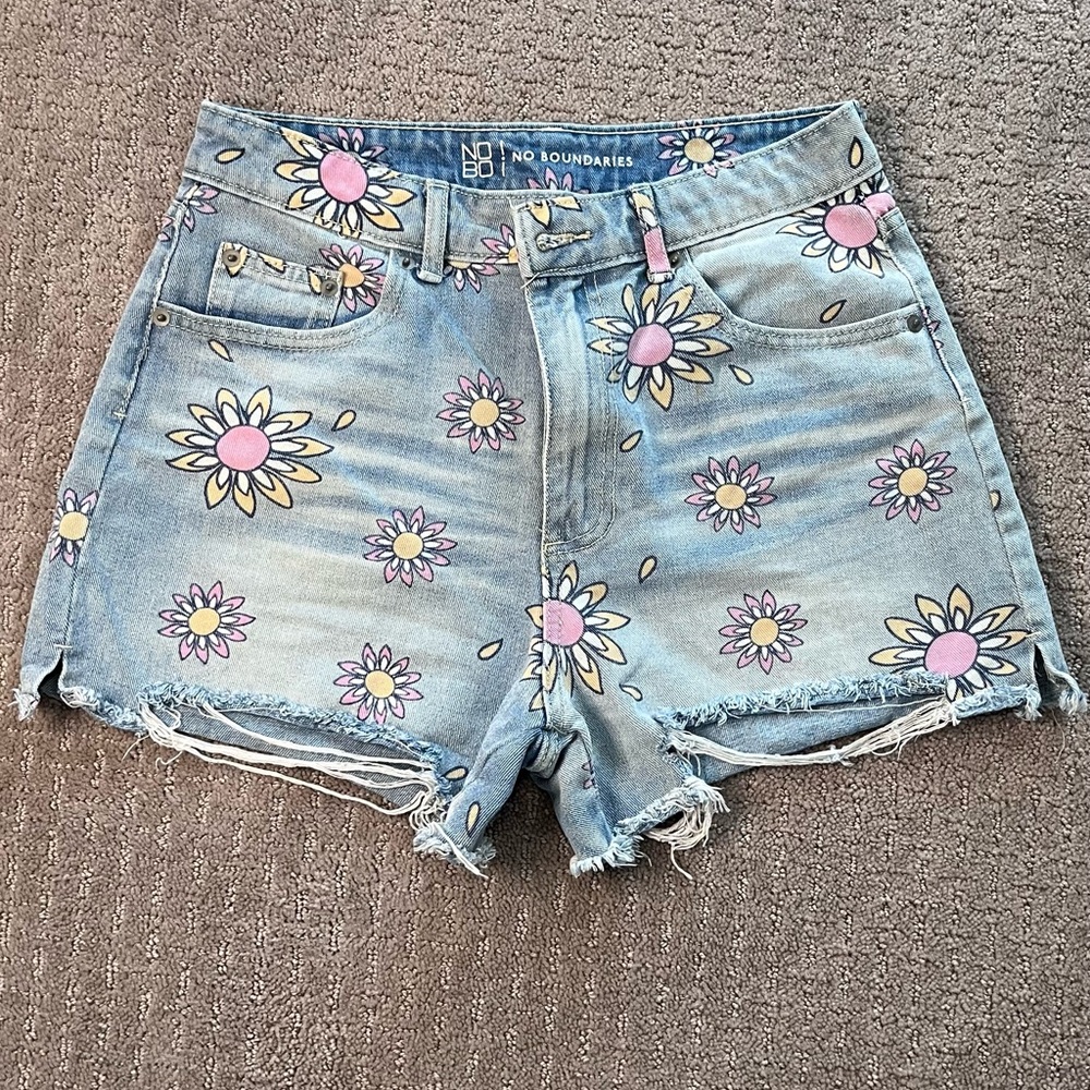 No Boundaries Floral Jean Shorts - Light Blue and Pink